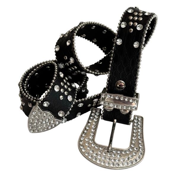 Rhinestone Studded Black BELT 34-38” Vegan Leather Western Cowboy Women's Medium - Picture 5 of 7